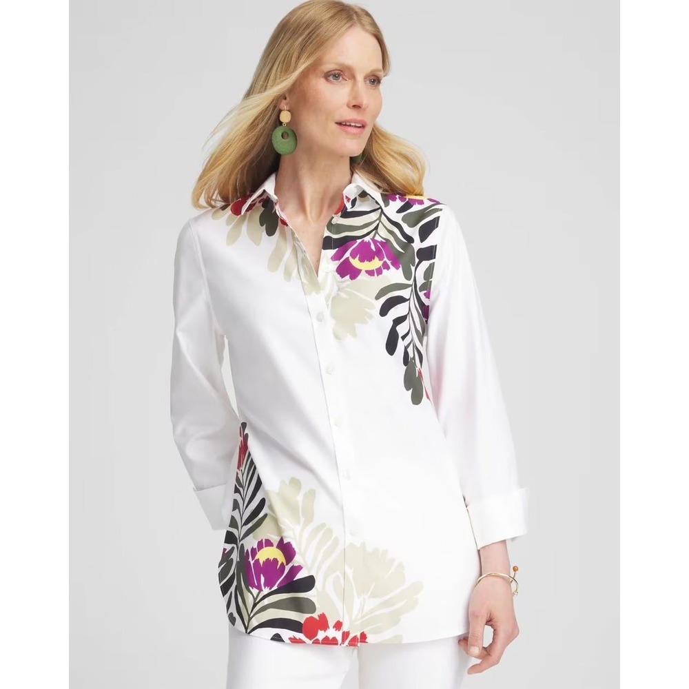 Chico's Floral Botanical Print Button Front Shirt White Red Purple Size 2 L